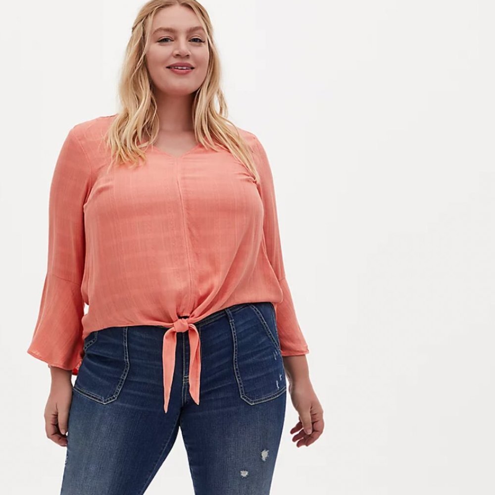 Torrid TEXTURED WOVEN TIE-FRONT TOP Orange 12 XL